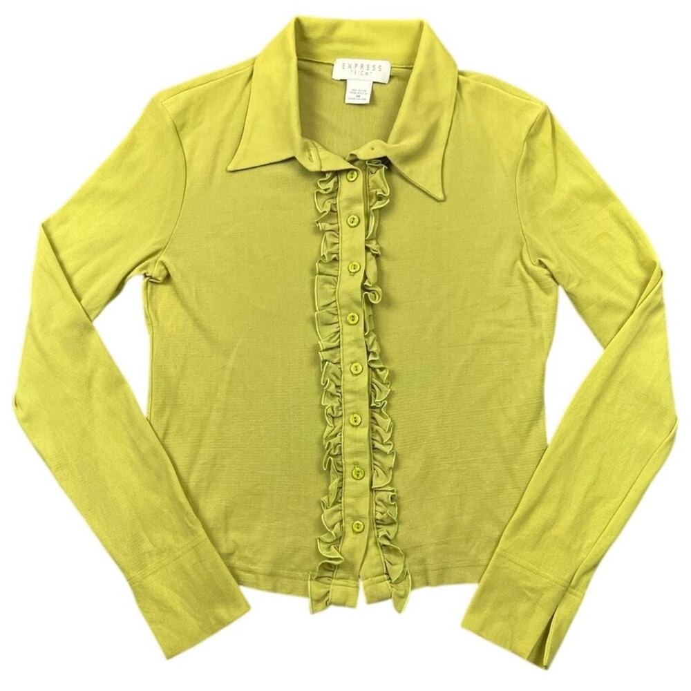Vintage Y2K Express Tricot Lime Green Ruffle Button Up Shirt Mesh Knit Top - M